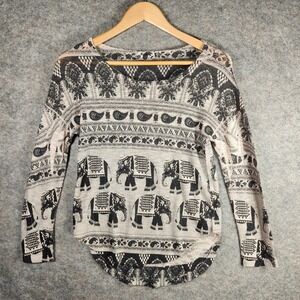 Ginger G Women Small Cream Black Elephant Paisley Long Sleeve Soft Light Sweater
